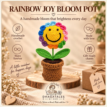 Rainbow Joy Bloom Pot branded gifting graphic with the smiling rainbow crochet flower