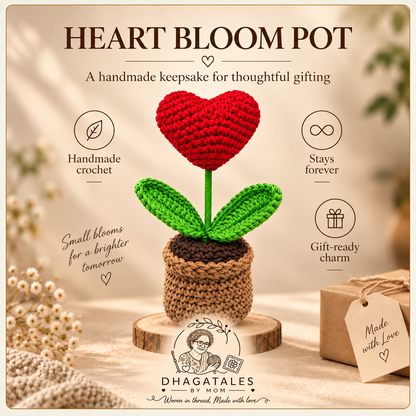 Crimson Heart Bloom Pot: illustrated overview of the crochet design and gifting details.