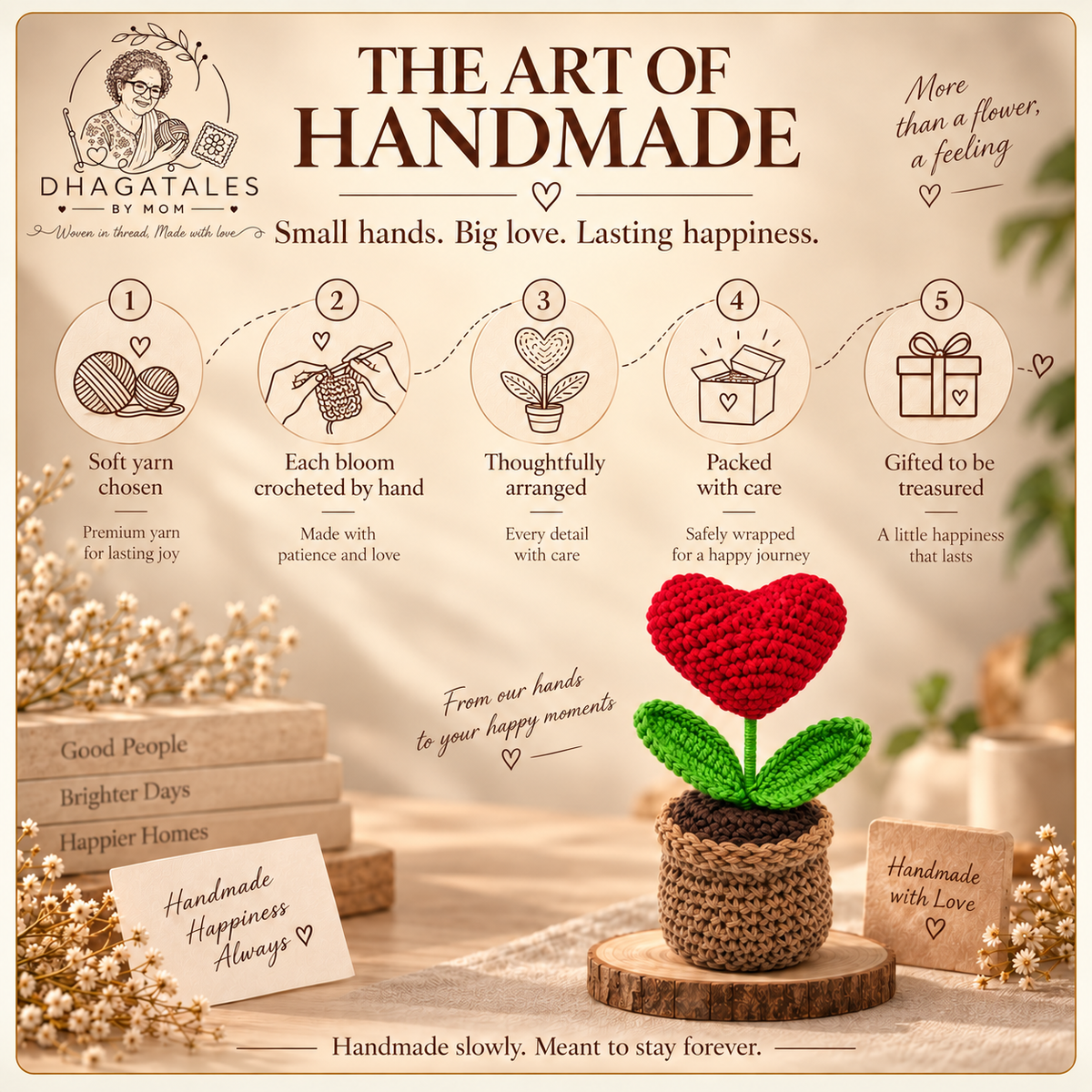 Crimson Heart Bloom Pot: 'The Art of Handmade' graphic illustrating crochet, finishing and gift presentation.