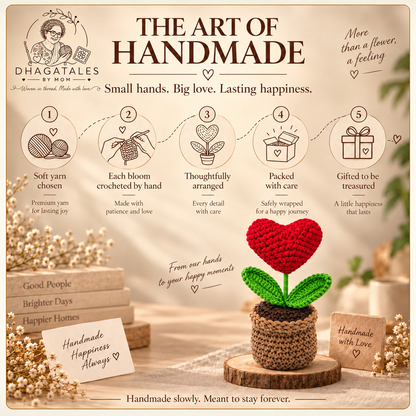 Crimson Heart Bloom Pot: 'The Art of Handmade' graphic illustrating crochet, finishing and gift presentation.