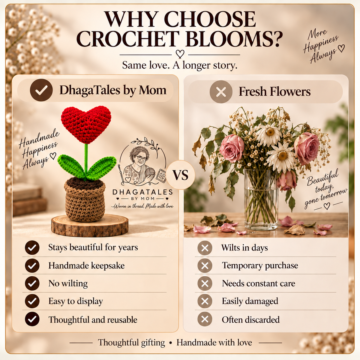 Crimson Heart Bloom Pot: comparison graphic presenting the handmade keepsake alongside a conventional alternative.