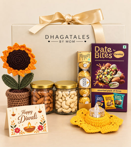 Shubh Aarambh Diwali hamper with crochet sunflower pot, almond and cashew jars, Farmley Date Bites assorted box, Ferrero Rocher, crochet tealight holder and Diwali card