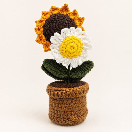Sunflower & Daisy Duo Pot – yellow crochet sunflower and white daisy with green leaves in a brown crochet pot
