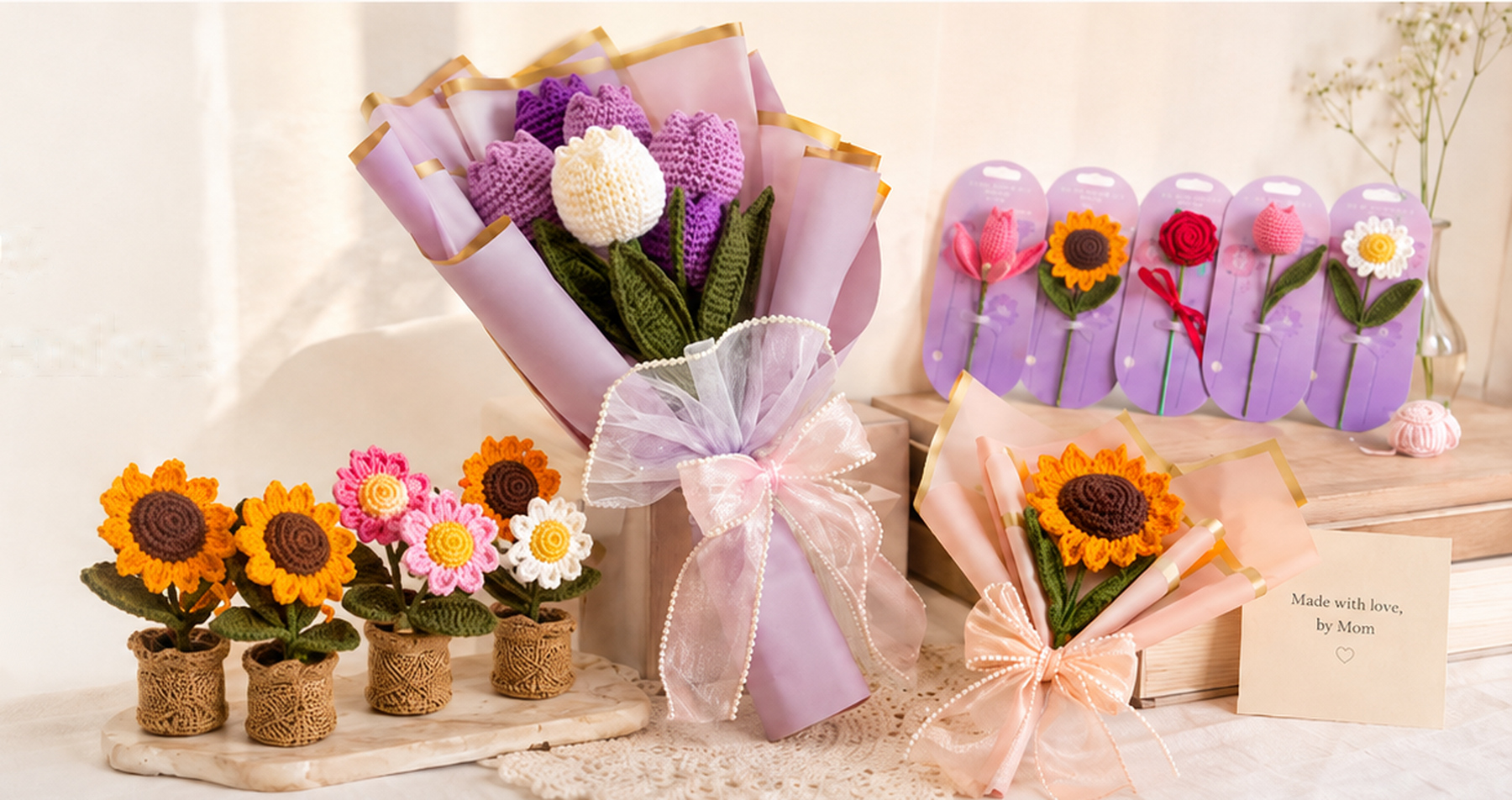Handmade crochet bouquets, flower pots and gift-ready blooms made by Mom