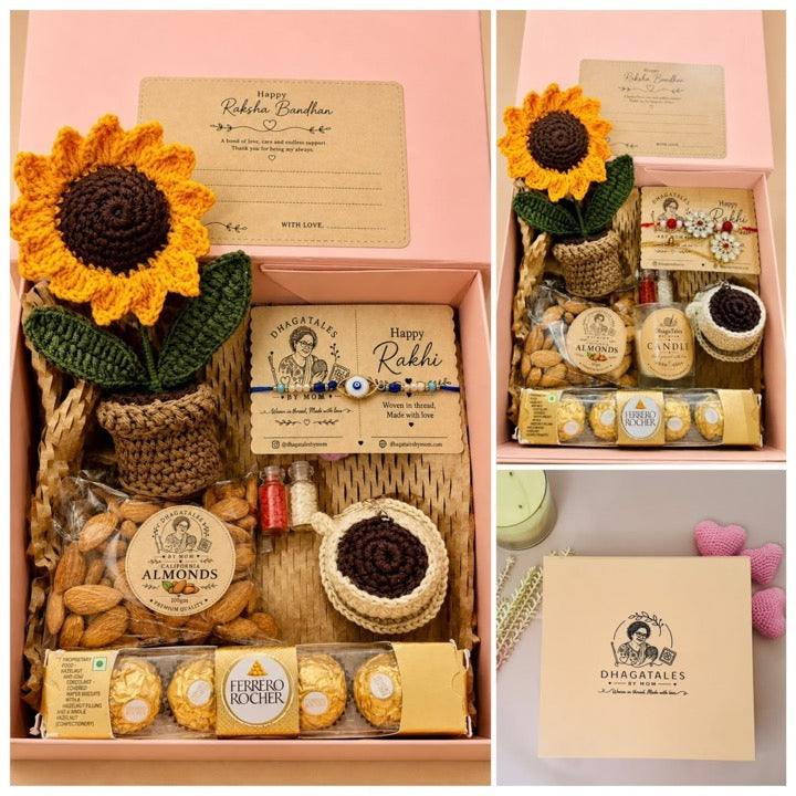Rakhi gift box collage with a handmade sunflower pot, rakhis, almonds, chocolates and festive packaging