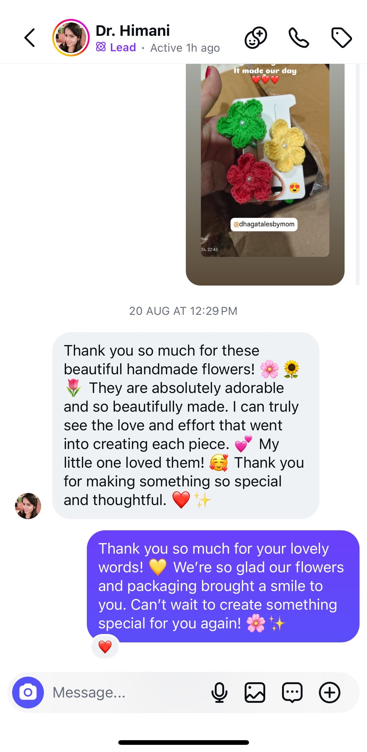 Instagram message from Dr. Himani praising the handmade flowers, their craftsmanship and the joy they brought her child