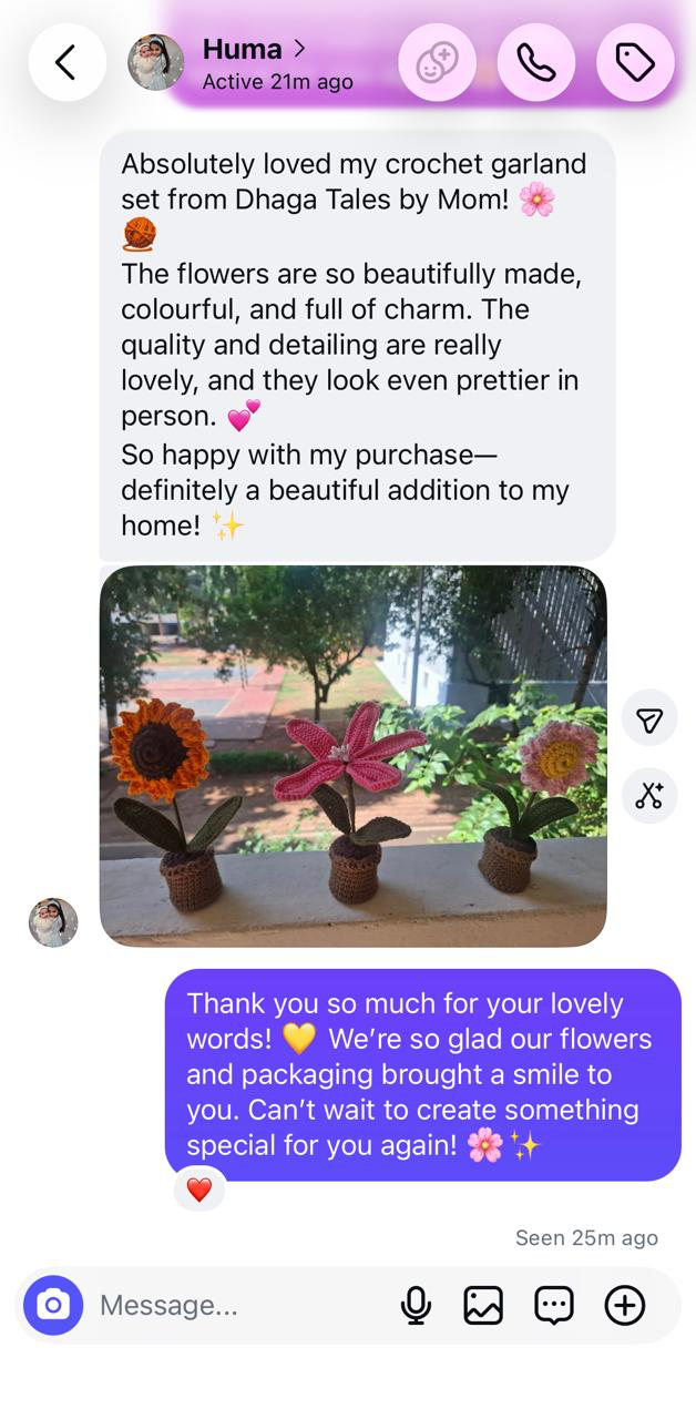 Instagram message from Huma praising her crochet flowers, their colours, quality and detailing, with a photo of three crochet flower pots