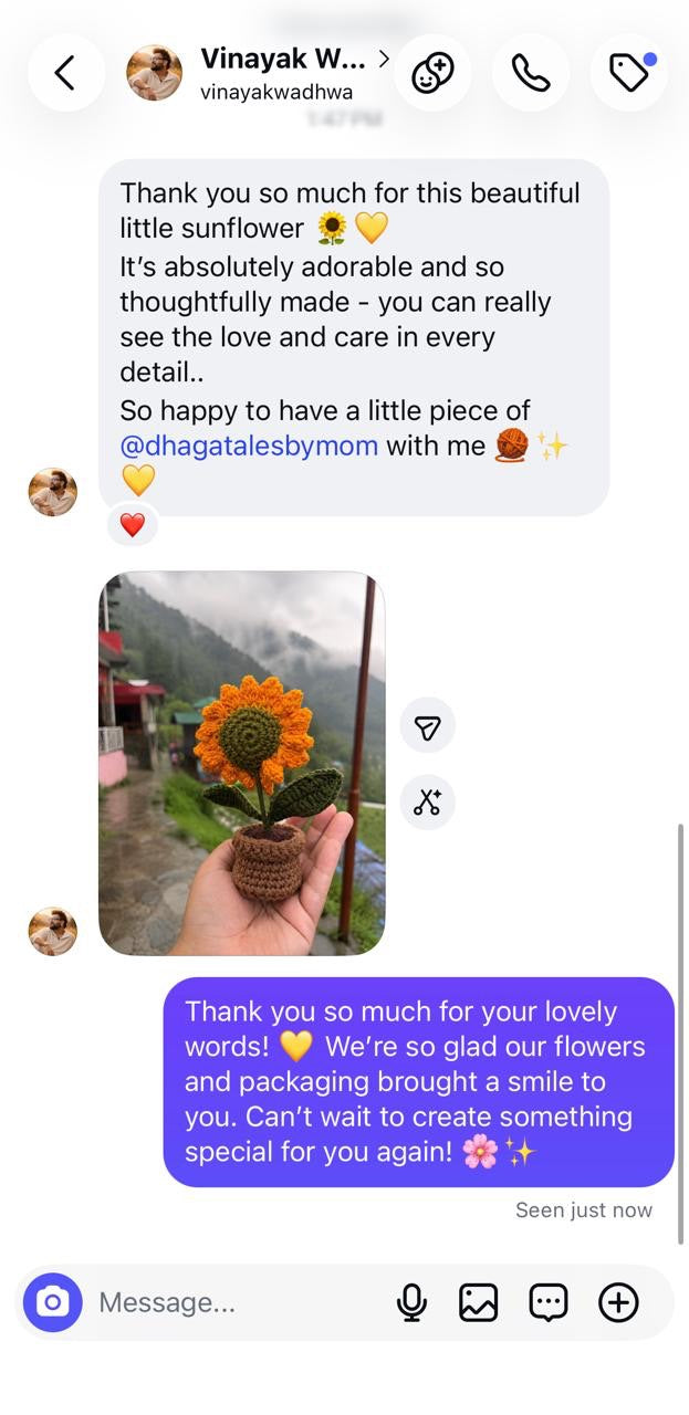 Instagram message from Vinayak Wadhwa praising a handmade sunflower and showing it in a crochet pot