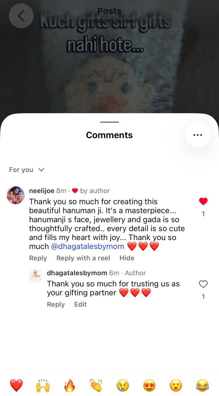 Instagram comment from neelijoe thanking DhagaTales for the handmade Hanuman ji and praising its face, jewellery and gada