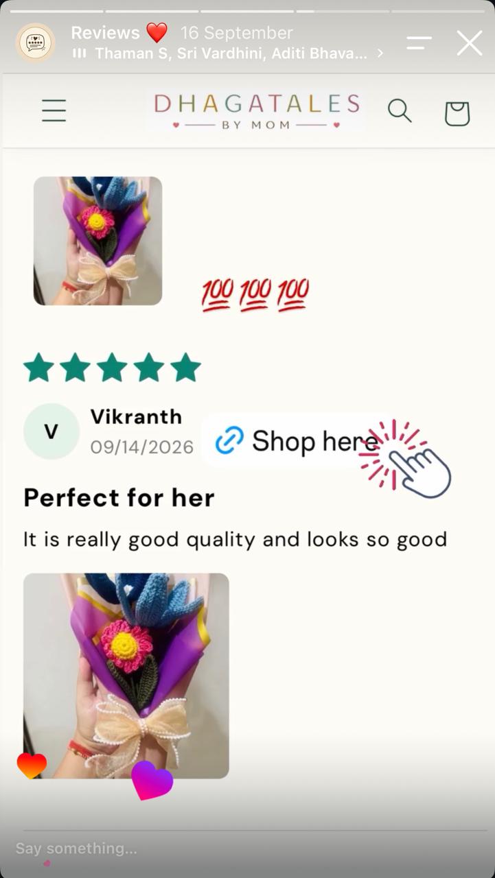 Vikranth review titled Perfect for her, with photographs of a crochet bouquet